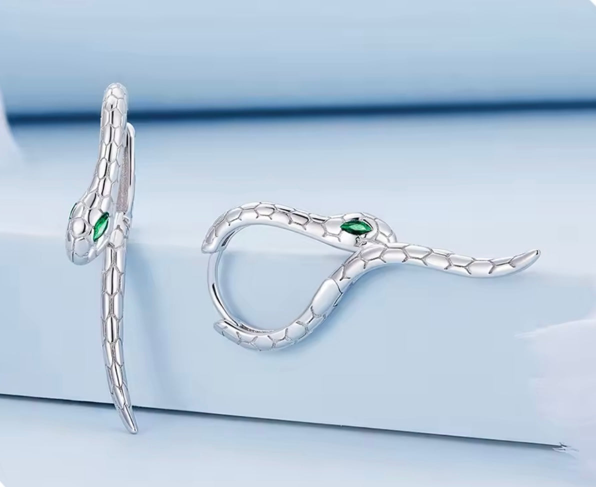 Sterling Silver Snake Hoop Earrings with Green Zircon