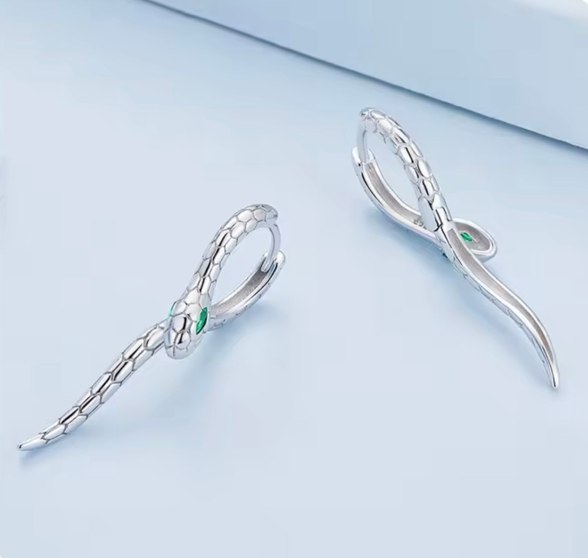 Sterling Silver Snake Hoop Earrings with Green Zircon