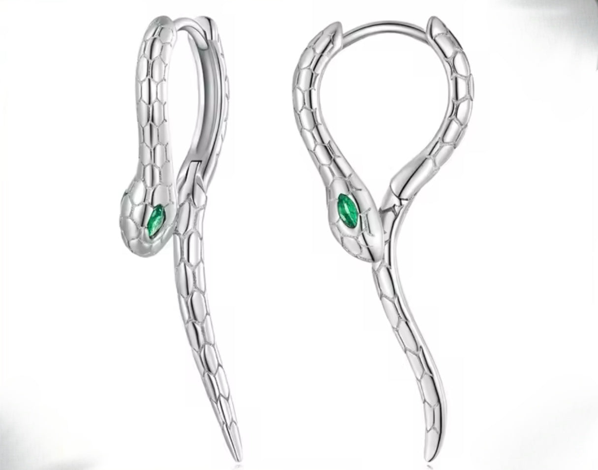 Sterling Silver Snake Hoop Earrings with Green Zircon