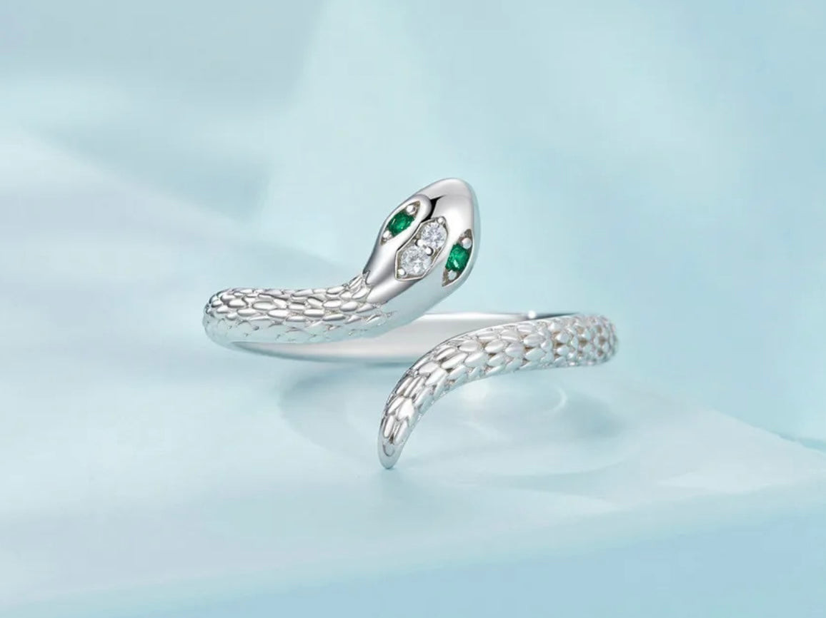 Silver Adjustable Snake Ring with Green Zircon