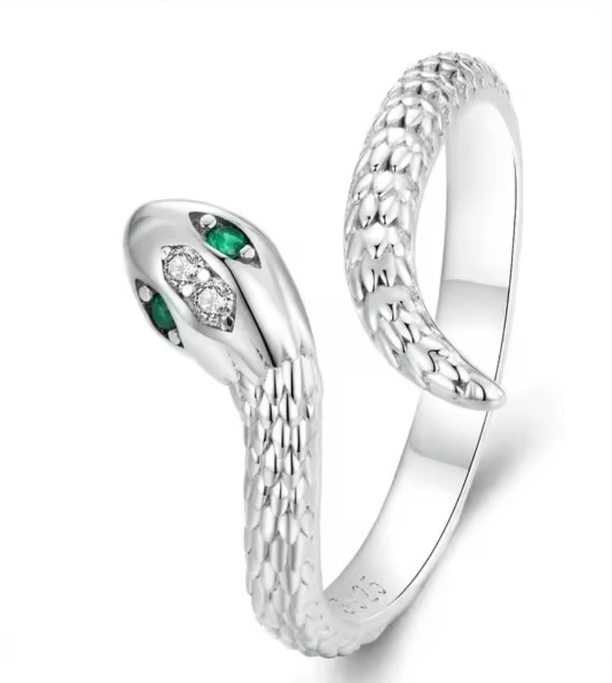 Silver Adjustable Snake Ring with Green Zircon