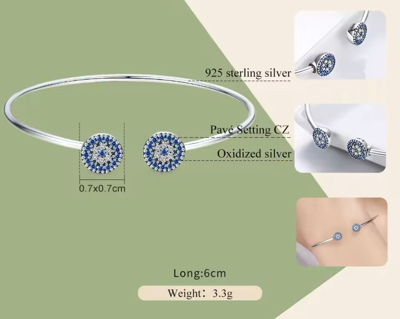 Blue Zircon Lucky Eye 925 Silver Cuff Bracelet