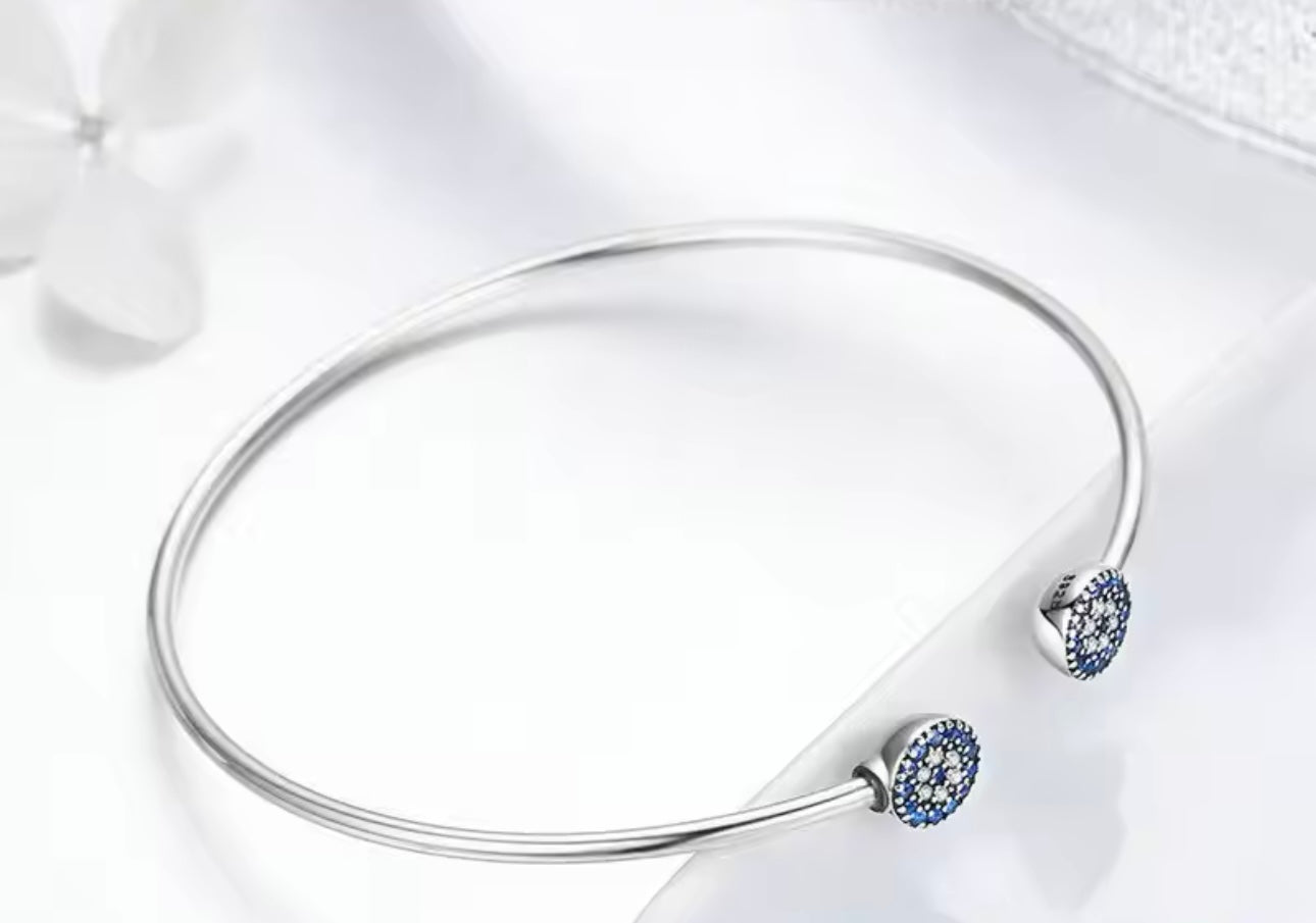 Blue Zircon Lucky Eye 925 Silver Cuff Bracelet