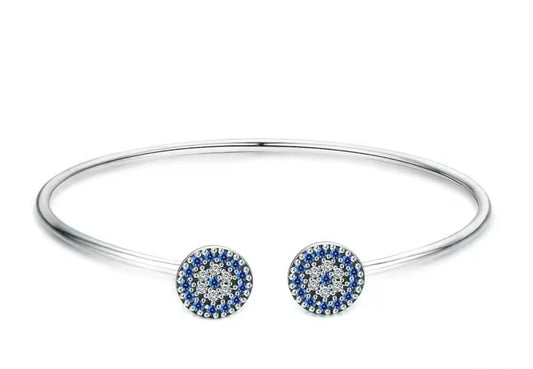 Blue Zircon Lucky Eye 925 Silver Cuff Bracelet