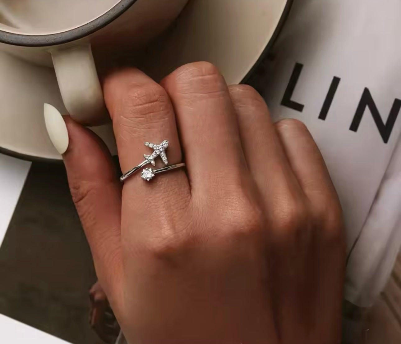 Silver Flying Plane Adjustable Ring